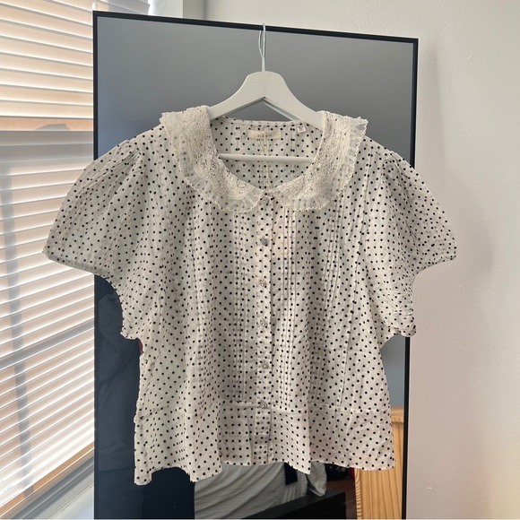 Doen Oleta Top Sea Salt Polka Dot Puff Sleeve Lace Collar Blouse Size XXL NWT - Picture 2 of 9